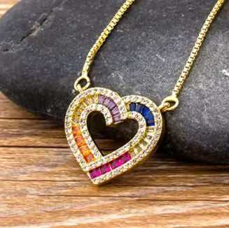 Rainbow Necklace for Women Multicolor Cubic Zirconia Round Pendant Necklace Gold Plated Charm Jewelry Adjustable Long Chain Birthday Party Gift