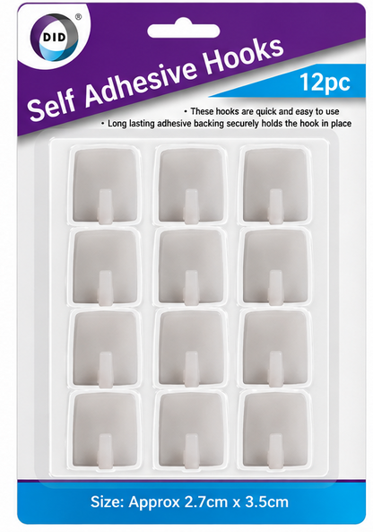 12 Pack Self Adhesive Wall Hooks – Strong Stick-On Hooks 2.7 x 3.5cm, No Drill Hanging Hooks for Kitchen, Bathroom, Bedroom, Office & Home Organisation