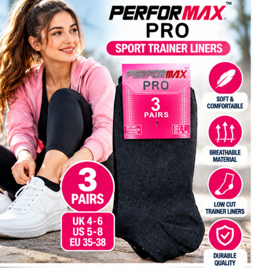 3 Pairs Women’s Sport Trainer Liner Socks UK 4–6 / EU 35–38 – Performax Pro Black Low Cut Ankle Socks | Soft Everyday Gym, Walking & Trainer Socks