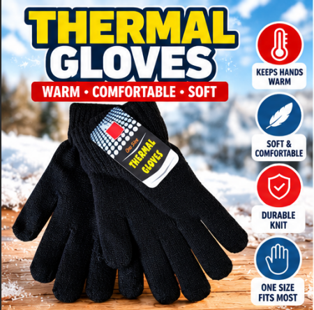 Black Thermal Gloves One Size – Warm Soft Knitted Winter Gloves for Men & Women | Everyday, Walking, Driving, Outdoor & Cold Weather Use