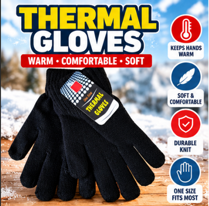 Black Thermal Gloves One Size – Warm Soft Knitted Winter Gloves for Men & Women | Everyday, Walking, Driving, Outdoor & Cold Weather Use