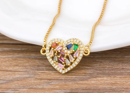 Heart Pendant Necklace for Women Rainbow Crystal Zircon Gold Plated CZ Necklace Romantic Heart Charm Jewelry Adjustable Chain Wedding Party Gift