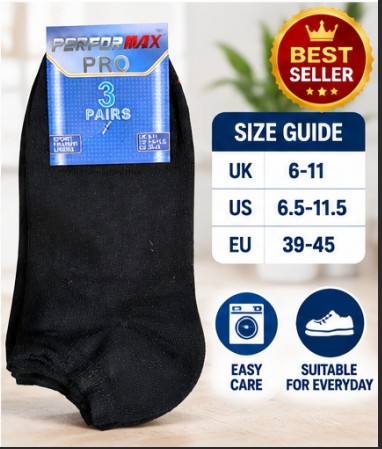 3 Pairs Men’s Sport Trainer Liner Socks UK 6–11 / EU 39–45 – Performax Pro Black Low Cut Ankle Socks | Gym, Running, Walking & Everyday Socks