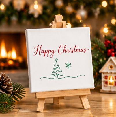 Happy Christmas Mini Canvas with Wooden Easel – Christmas Gift & Festive Home Décor