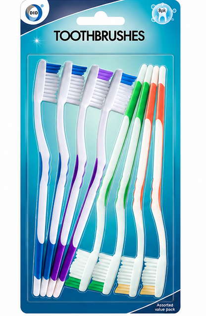 8 Pack Toothbrushes – Assorted Colour Manual Toothbrush Value Pack with Comfortable Grip | Everyday Oral Care & Family Dental Hygiene