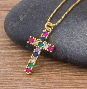 Rainbow Necklace for Women Multicolor Cubic Zirconia Round Pendant Necklace Gold Plated Charm Jewelry Adjustable Long Chain Birthday Party Gift