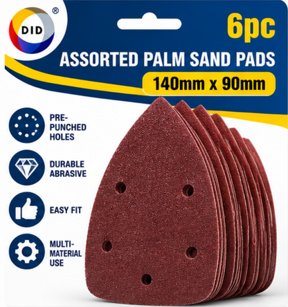 6PC Assorted Palm Sander Pads 140x90mm – 40 60 80 120 180 240 Grit Sanding Sheets, Pre-Punched Sandpaper for Wood, Metal, Plastic, Paint, DIY