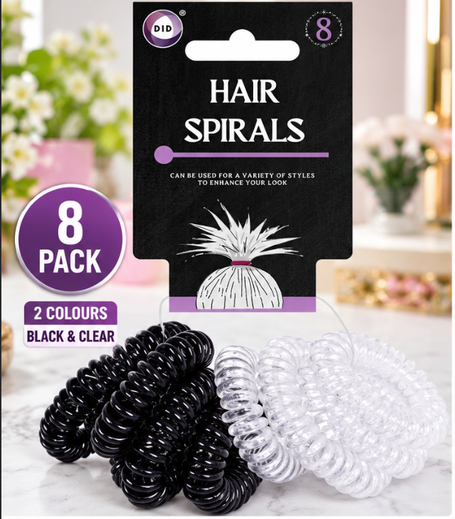 8 Pack Spiral Hair Ties – Black & Clear Coil Hair Bands, No-Crease Style Ponytail Holders for Buns, Ponytails, Everyday Hair Styling & Travel