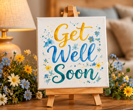 Get Well Soon Mini Canvas with Wooden Easel – Thoughtful Recovery Gift & Desk Décor