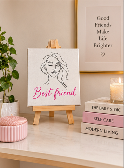 Best Friend Mini Canvas Art with Wooden Easel – Handmade Friendship Gift & Desk Décor