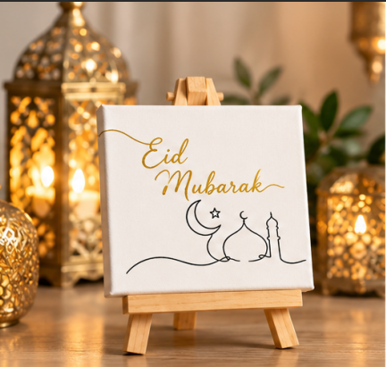 Eid Mubarak Mini Canvas with Wooden Easel – Islamic Eid Gift & Home Décor