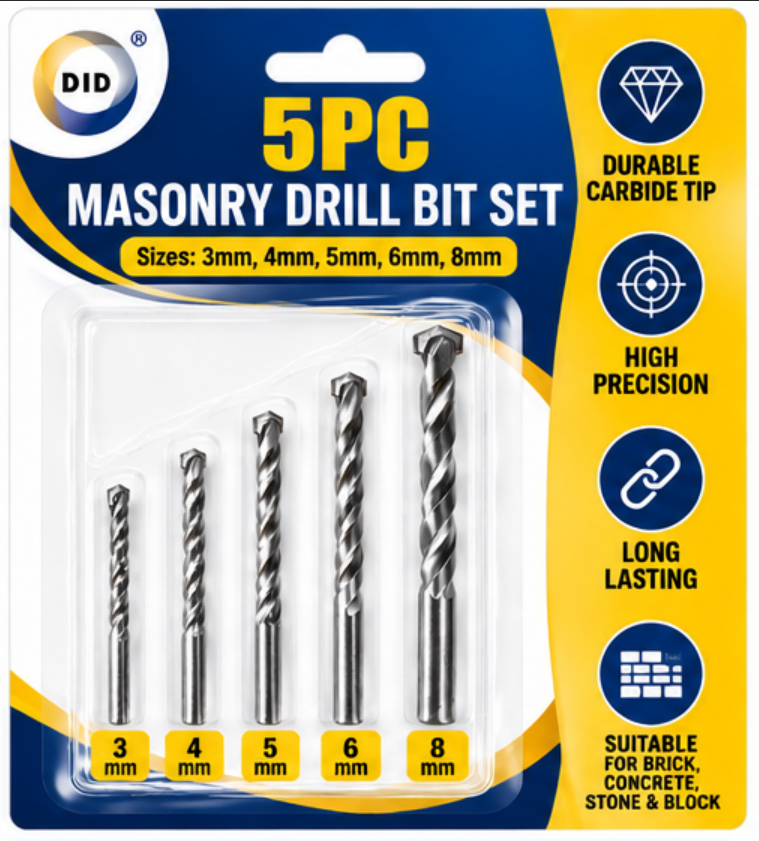 5PC Masonry Drill Bit Set 3mm 4mm 5mm 6mm 8mm – Carbide Tip Drill Bits for Brick, Concrete, Stone & Block | DIY & Home Improvement
