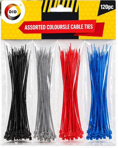 120PC Assorted Colour Cable Ties – 100mm Nylon Zip Ties in Black, Grey, Red & Blue | Strong Cable Management Ties for Home, Office, Garden & DIY