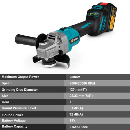 Gisam 125mm M14 Brushless Angle Grinder 7 Gears Cordless Grinding Machine Cutting Woodworking Power Tools For Makita 18V Battery