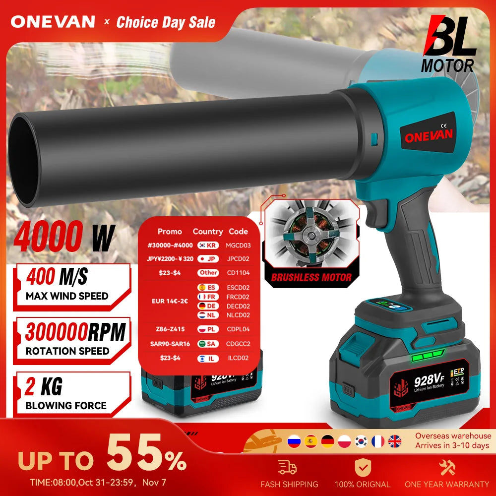 4000W Brushless 300000RPM Electric Turbo Blowers Jet Fan Handheld Leaf Blower Dust Blowing Tool For Makita 18V Battery Pins
