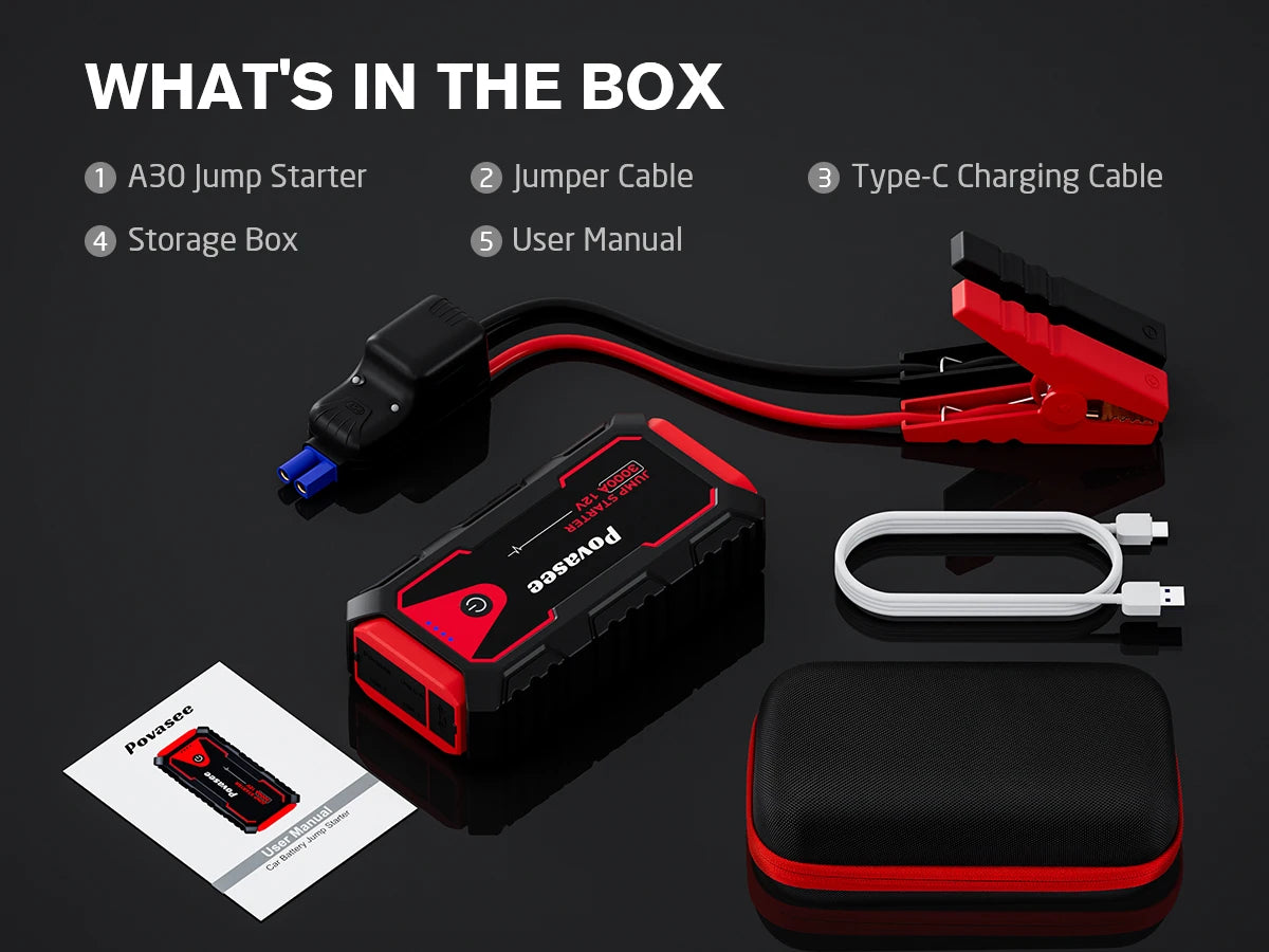 Povasee Jump Starter Power Pack 3000A Car Battery Booster Jump Starter Car Jump Starter Power Bank Jump Pack with Jump Leads