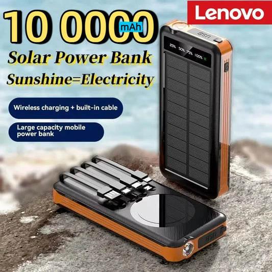 Lenovo 100000mAh 2 In 1 Solar Wireless Power Bank Large Capacity Portable Charger Fast Charging External Battery For Phone New