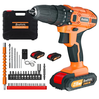 EMDTOOL Cordless Drill Driver 21V Battery Drill Set Electric Screwdriver Set, 25+1 Torque Setting, 2 Speed, LED Light for Home