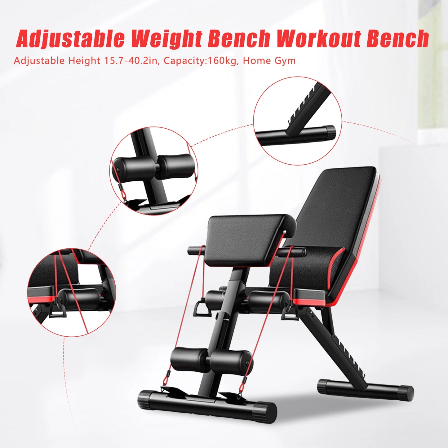 Adjustable Weight Bench, Utility Weight Bench, Home Exercise Equipment with Cushion Drawstring Support Bar for Full Body Workout