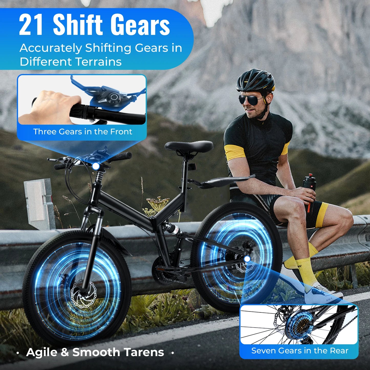 26 Inch Folding Mountain Bike 21 Speed Double Disc Brake Carbon Steel Frame Foldable Design 100kg Load Adult Bicycle