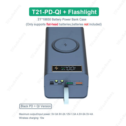 T21 Battery Storage Box 21*18650 with Flashlight Power Bank Case Battery Holder Box Dual USB 18650 Battery DIY Shell Storage