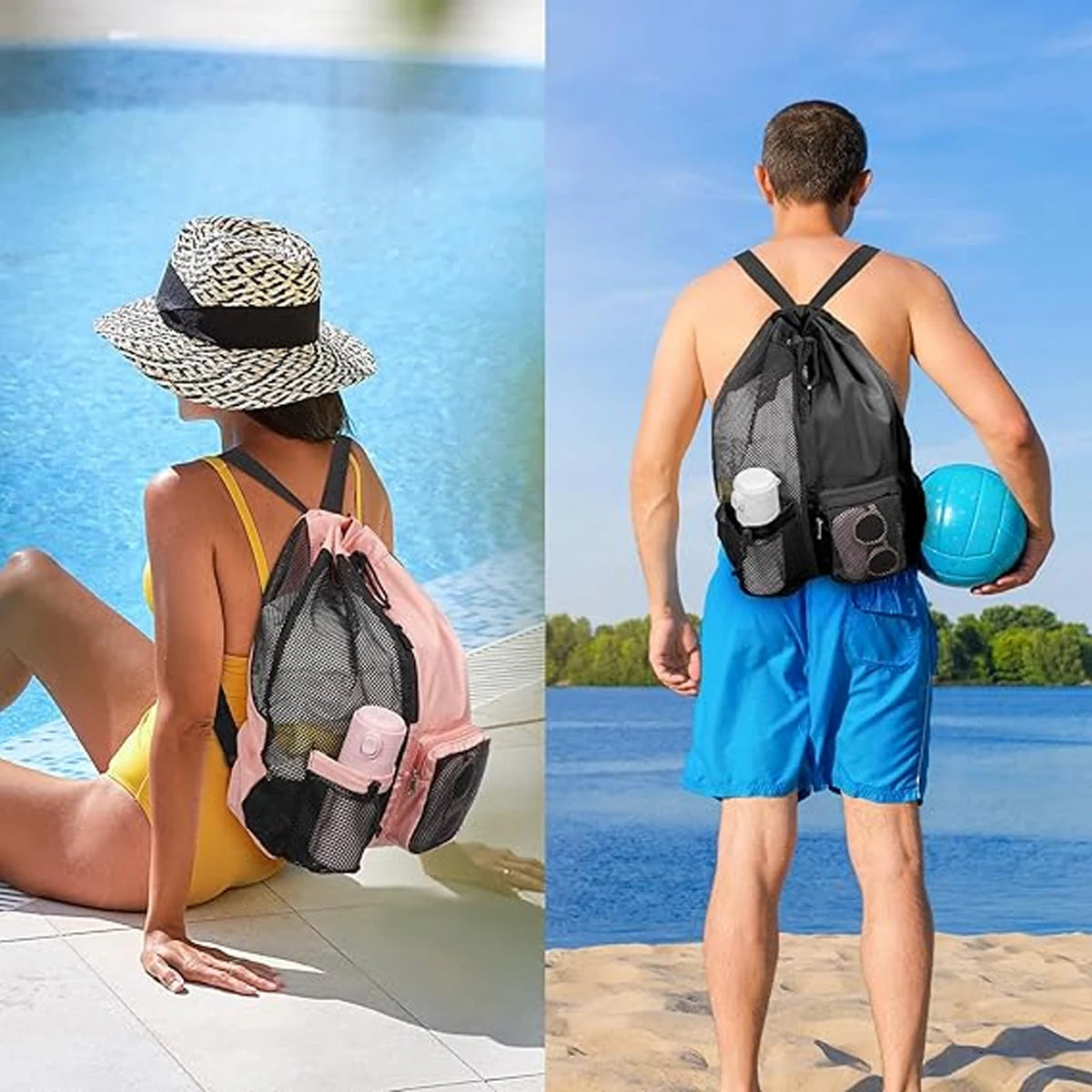 Women Travel Swimming Bag Mesh Drawstring Backpack with Wet Pocket Multipurpose Beach Backpack for Swimming Gym Workout Gear