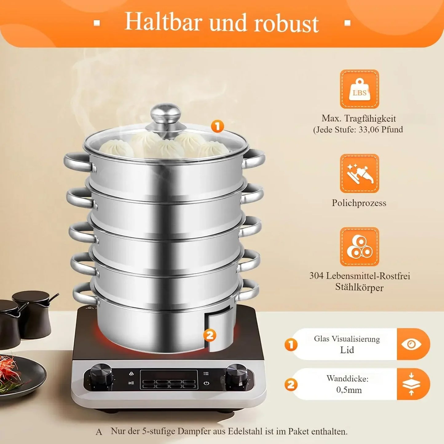 5-Tier Stainless Steel Steamer Meat Vegetable Cooking Steam Pot Kitchen Tool with Stackable Pan& Lid for Steaming Pasta Dumpling