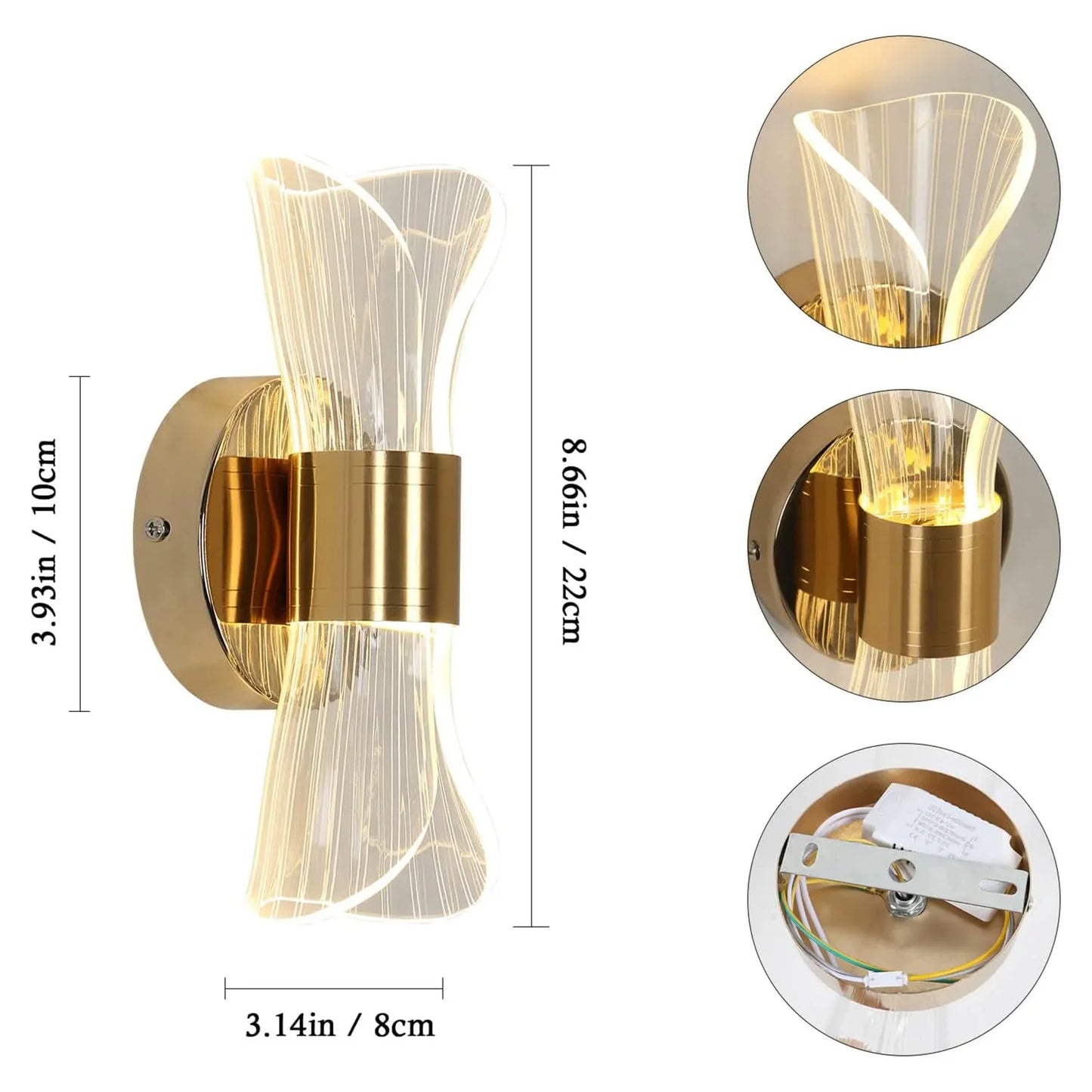 Gold Acrylic Wall Sconce, 12W Led Wall Lamp with 3 Color Temperature Options (3000K/4000K/6500K), Perfect for Hallway