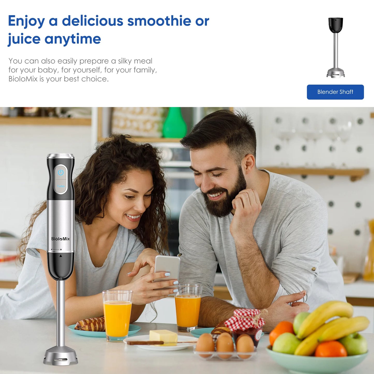 BioloMix 3-in-1 Immersion Hand Blender Stainless Steel with Sharper Blades Whisk & Milk Frother For Smoothie, Baby Food Puree