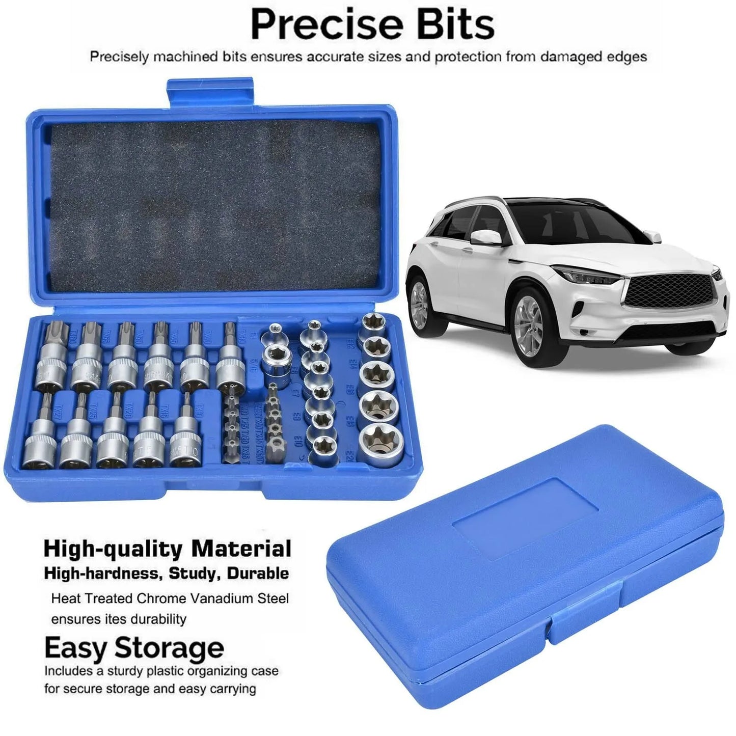 34PCS Drive Male Female Torx Torque Tork Star Bit Chrome Repair Sockets Auto Kit