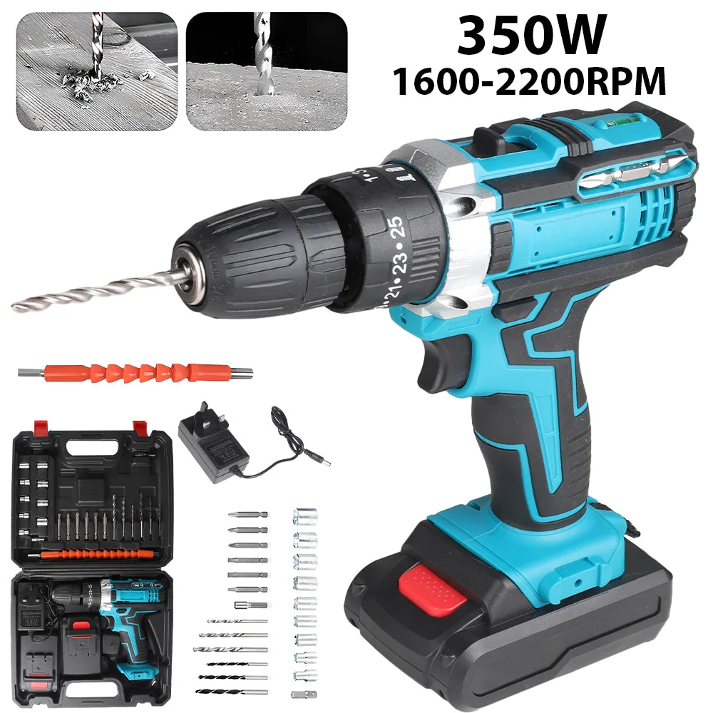 Electric Drill Power Tool Cordless Drill Combi Driver Electric Screwdriver Impact Set with 2pcs Rechargeable Batteries