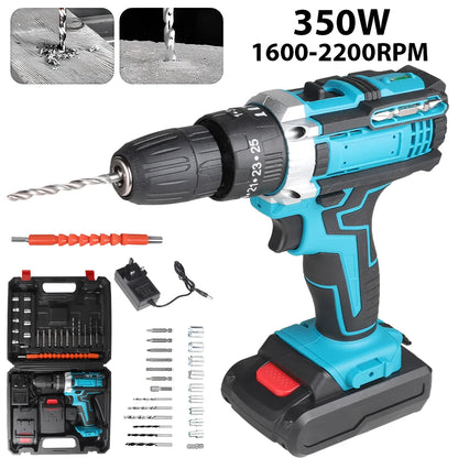 Electric Drill Power Tool Cordless Drill Combi Driver Electric Screwdriver Impact Set with 2pcs Rechargeable Batteries