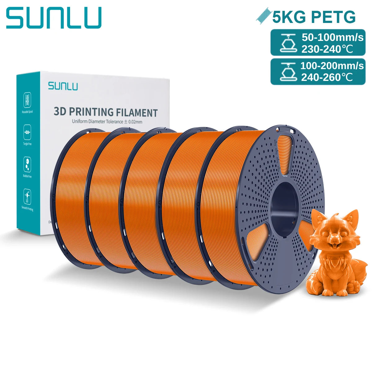 SUNLU PETG 3D Printer Filament 5KG Neatly Wound Good Toughness 1.75mm 3D Filament with Reusable Spool for Most FDM Printer