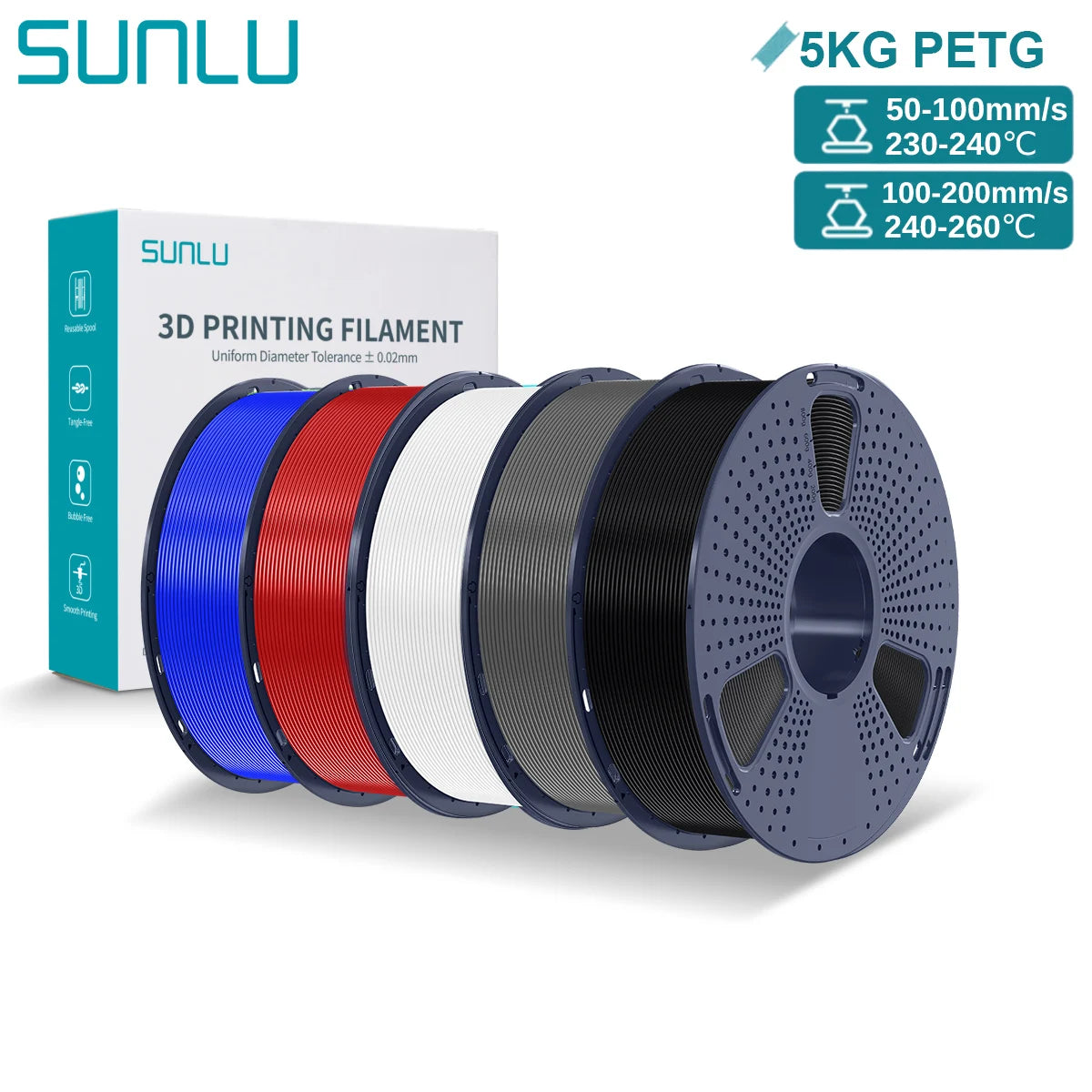SUNLU PETG 3D Printer Filament 5KG Neatly Wound Good Toughness 1.75mm 3D Filament with Reusable Spool for Most FDM Printer