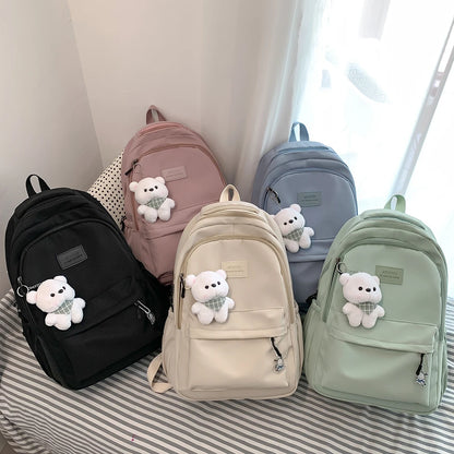 College Student Rucksack Large Capacity Casual Book Bags with Cute Pendant Simple Adjustable Strap Fashion for Outdoor Sport