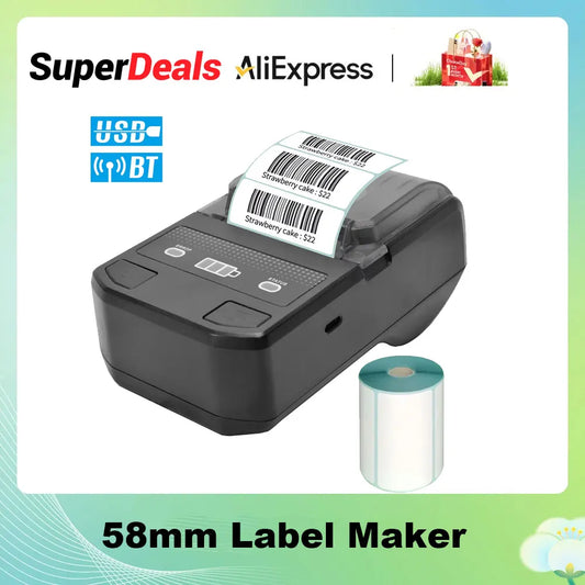 Portable 58mm Thermal Label Maker Wireless BT Mini Label Printer Barcode Printer w/Rechargeable Battery for Android iOS Windows