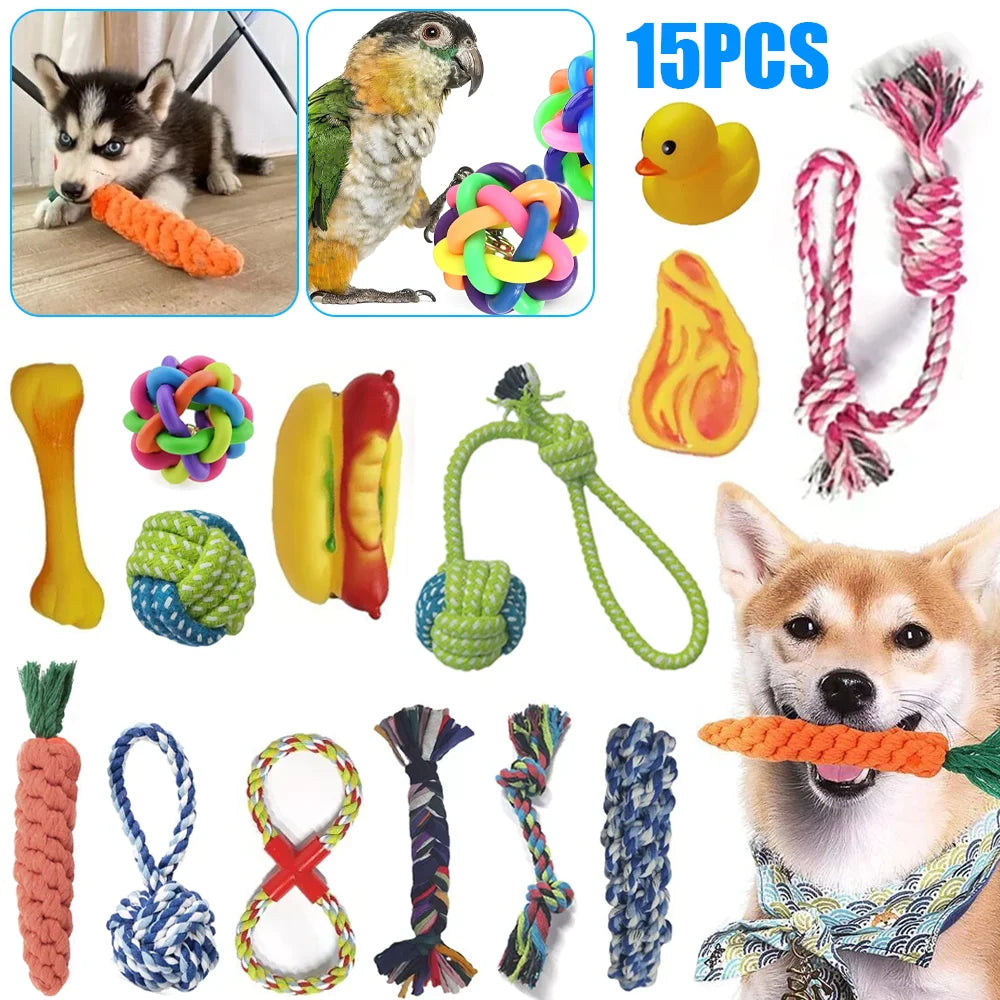 15pcs Dog Plush Toy, Dog Plush Toy Set, Tough Strong Knot Ball, Pet Puppy Teething Toy set,  Interactive Training Play