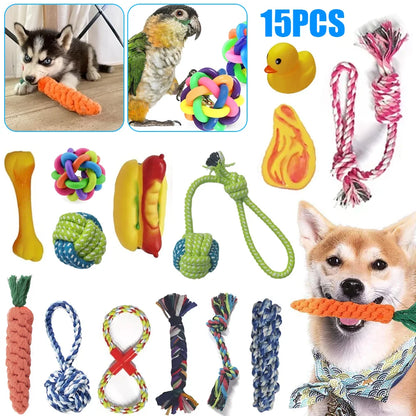 15pcs Dog Plush Toy, Dog Plush Toy Set, Tough Strong Knot Ball, Pet Puppy Teething Toy set,  Interactive Training Play