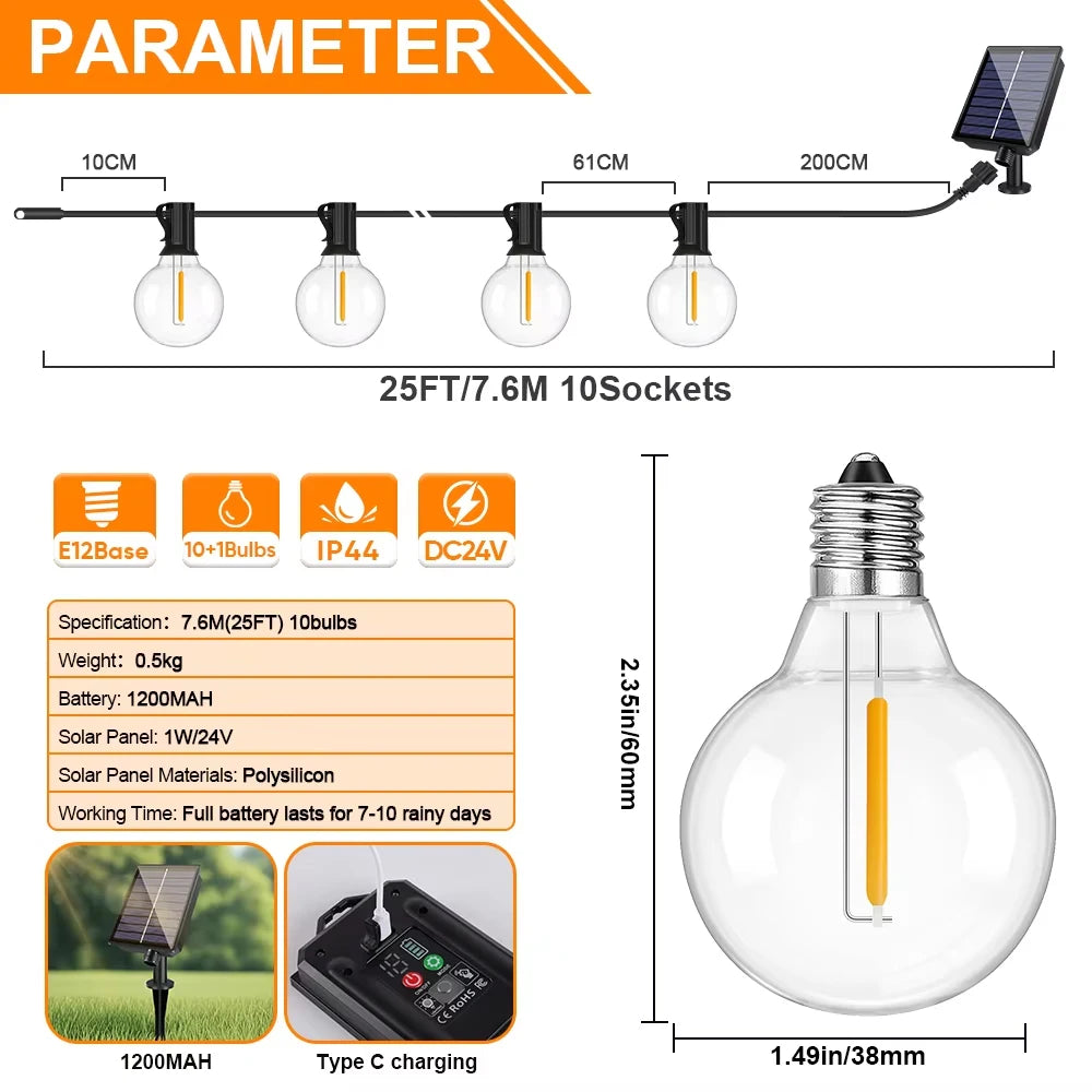 G40 Outdoor Solar String Light Garland LED Solar String Lights 24V Globe Waterproof Hanging Lights for Garden Backyard Cafe