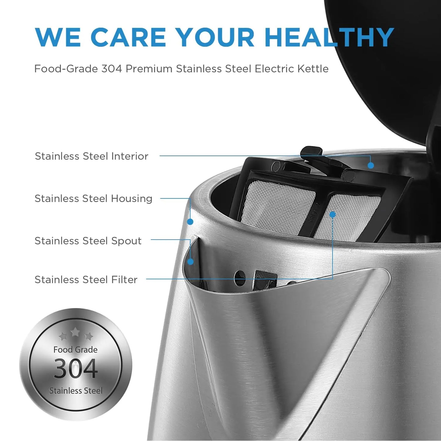 Electric Kettle 3000W Fast Boil 1.7L Stainless Steel Kettle with  LED Indicator,Water Level Indicator, Dry Burn Protection