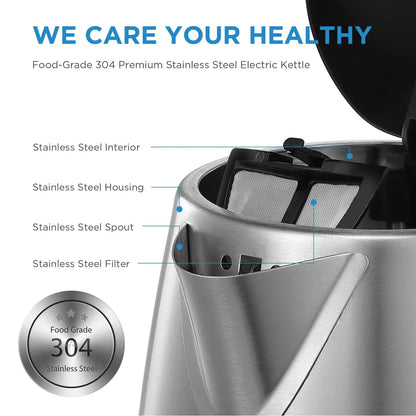 Electric Kettle 3000W Fast Boil 1.7L Stainless Steel Kettle with  LED Indicator,Water Level Indicator, Dry Burn Protection