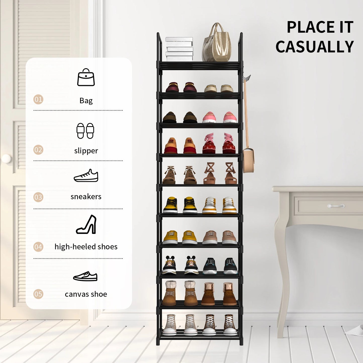 Shoe Rack,10-Tier Metal Shoe Storage Organiser, Metal Frame, Space-Saving Rack,for Room, Hallway STORAGE SHELVES STAND WITH HOOK