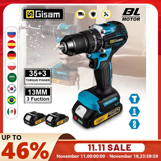 Gisam 65N.m 13MM 35+3 Torque Brushless Electric Impact Drill Cordless Electric Screwdriver Power Tool For Makita 18V Battery Pin