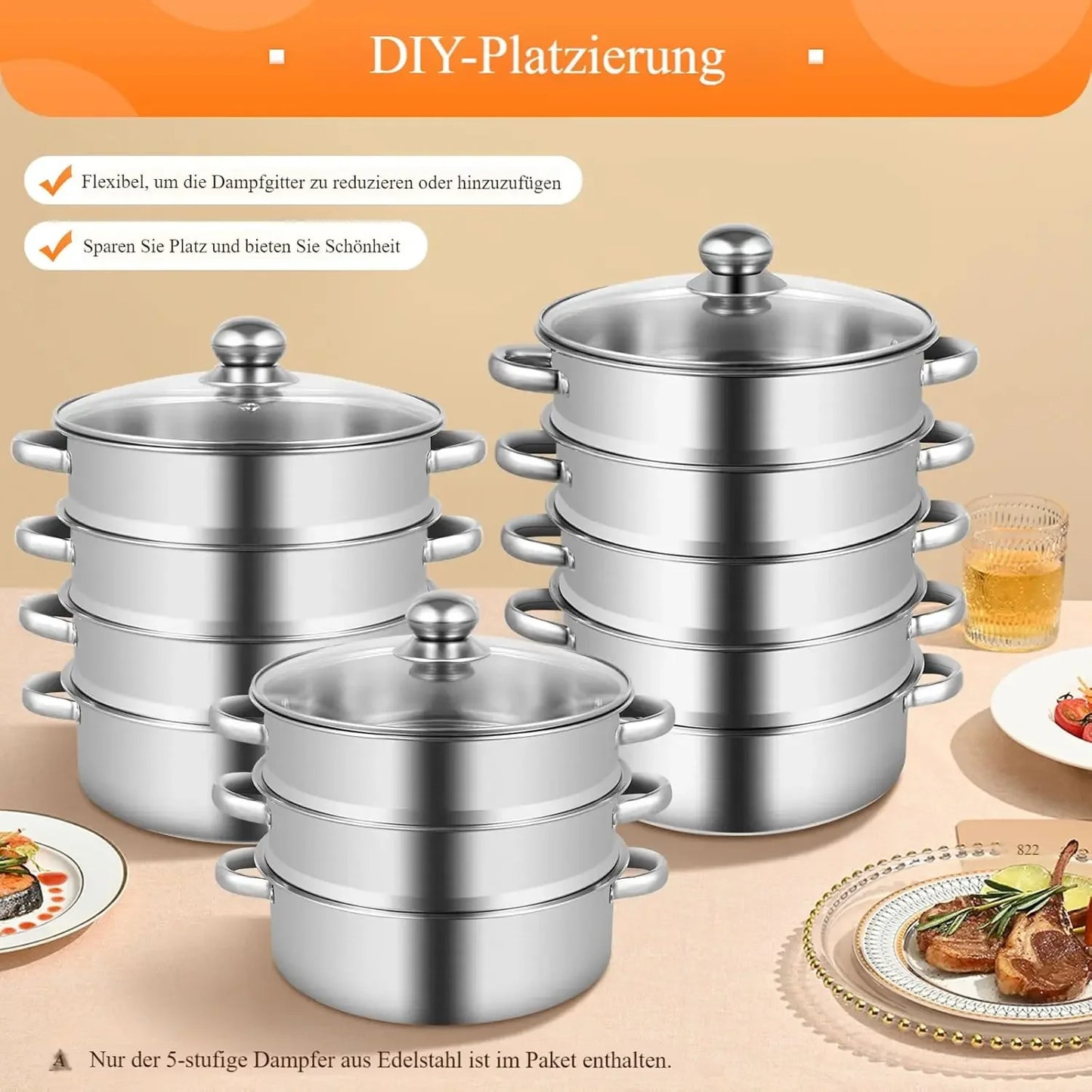 5-Tier Stainless Steel Steamer Meat Vegetable Cooking Steam Pot Kitchen Tool with Stackable Pan& Lid for Steaming Pasta Dumpling