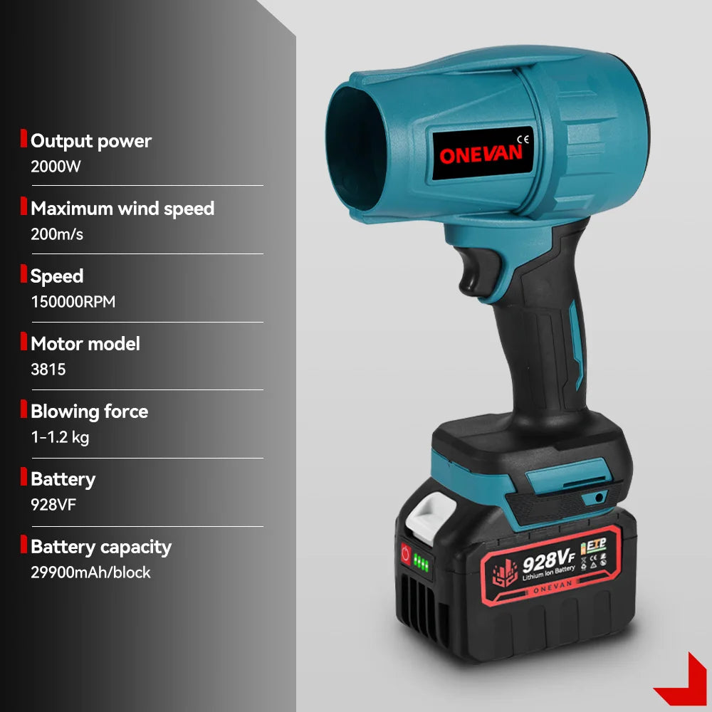 ONEVAN 2000W 200M/S Brushless Electric Turbo Fan Cordless Leaf Air Blowers Snow Dust Blowing Power Tool For Makita Battery Pin