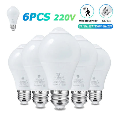 6pcs LED Bulbs Radar Motion Sensor Light 220V E27 LED Bulb Auto ON/OFF Working In Night Radiation Motion Detector Security Light