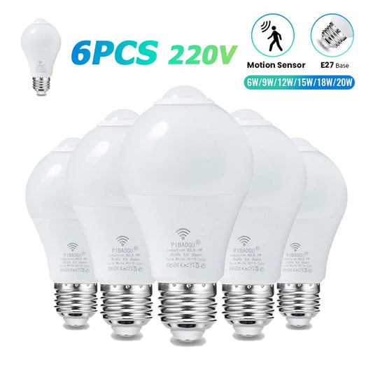 6pcs LED Bulbs Radar Motion Sensor Light 220V E27 LED Bulb Auto ON/OFF Working In Night Radiation Motion Detector Security Light