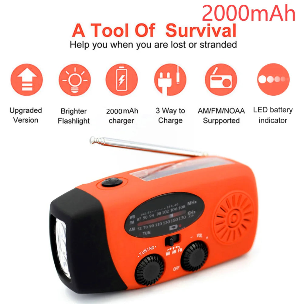 12000mAh Small Portable Radio Solar Panels Emergency Radio Survival with crank Multifunction rechargeable Flashlight Power Bank