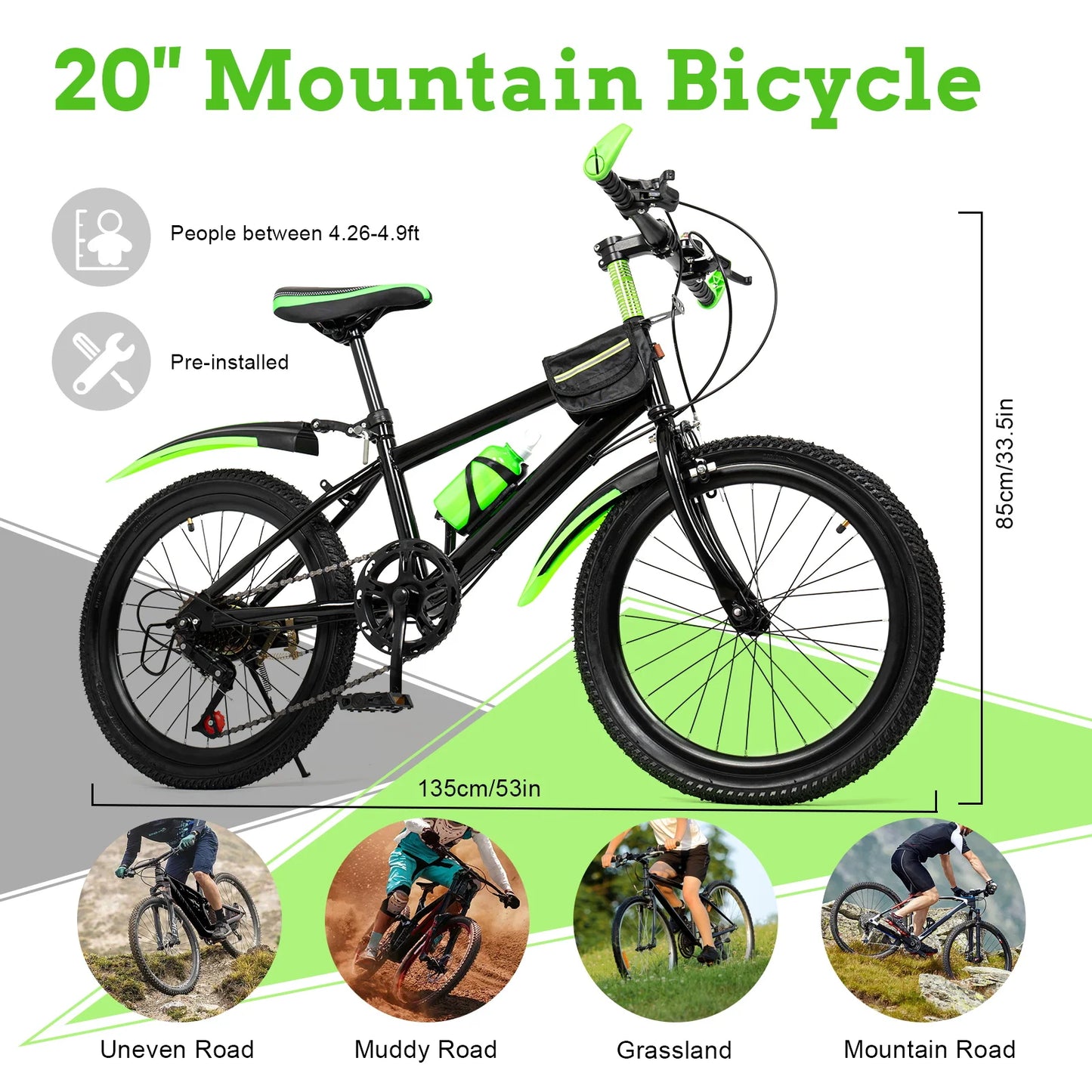 1.3-1.5m Children  20'' Mountain Bike Seat Adjustment Height 63-76cm Aluminum Alloy Mountain Bicycle