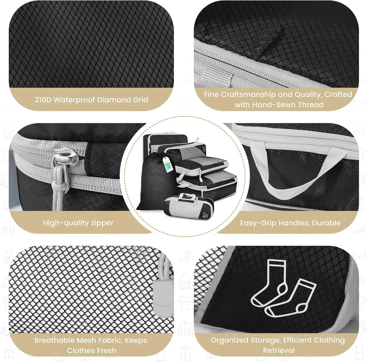 6PCS Travel Compressed Packing Cubes Storage Organizer Set With Shoe Bag Mesh Visual Luggage Portable Lightweight Suitcase Bag